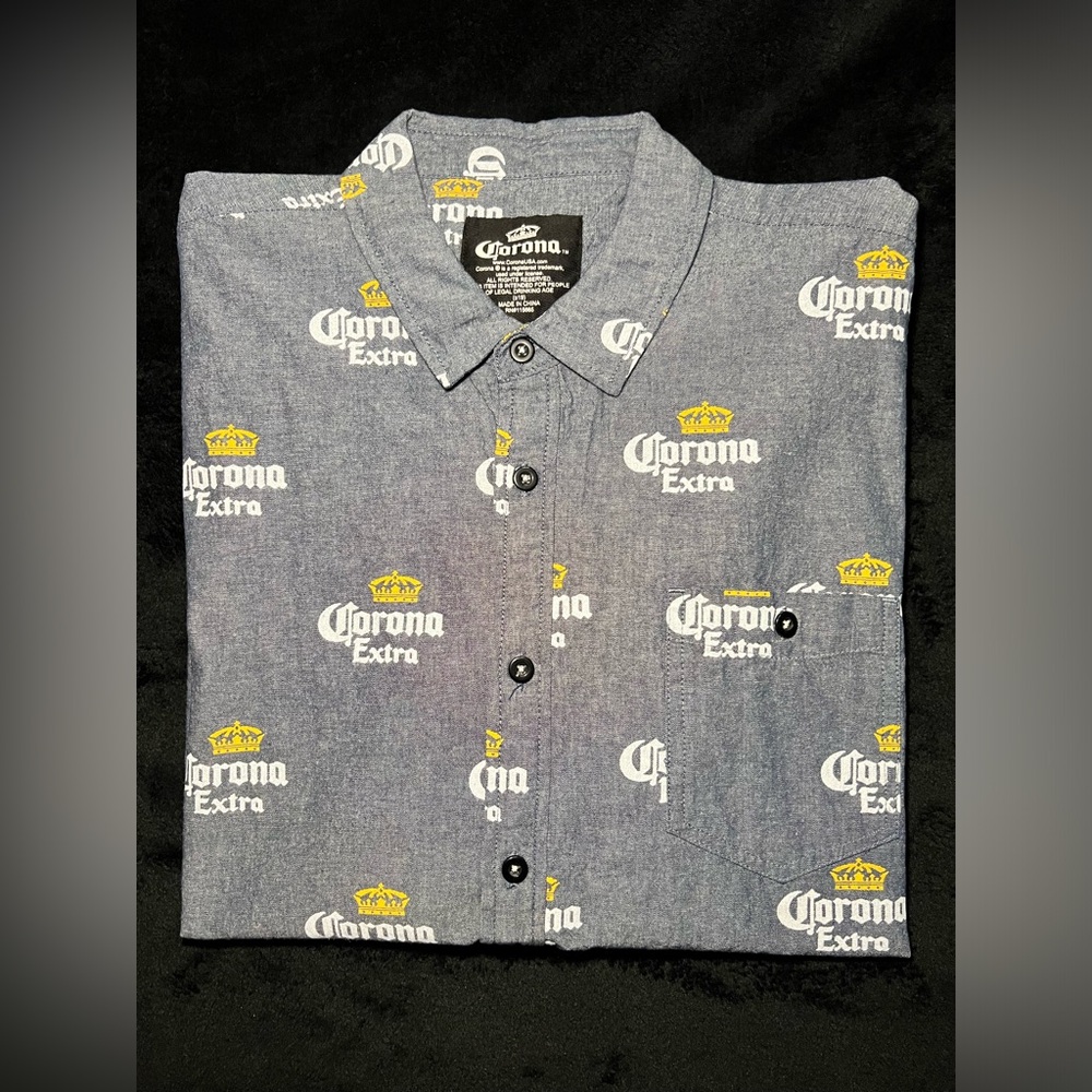 Corona Extra Beer Logo Button Down Shirt 100%Cotton Short Sleeve Men's Blue, XXL
